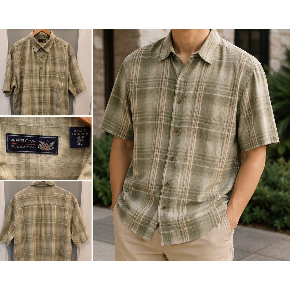 Arrow Blue Jeans Co Men's XXL Green Plaid Button Front Short Sleeve Shirt Casual